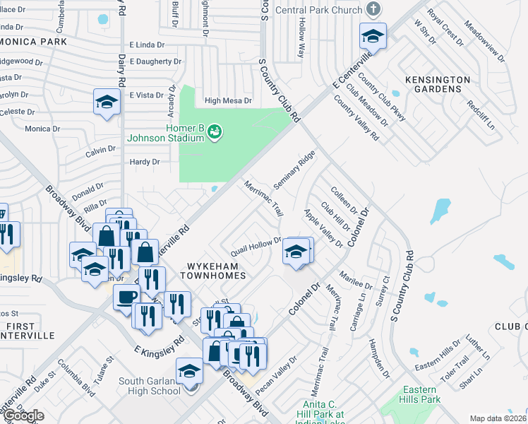 map of restaurants, bars, coffee shops, grocery stores, and more near 2813 Harpers Ferry Lane in Garland