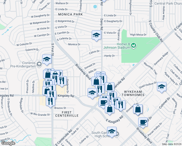 map of restaurants, bars, coffee shops, grocery stores, and more near 2910 Broadway Boulevard in Garland
