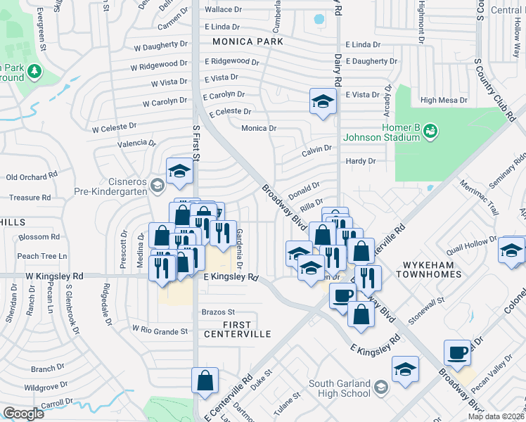 map of restaurants, bars, coffee shops, grocery stores, and more near 2902 Honeysuckle Drive in Garland