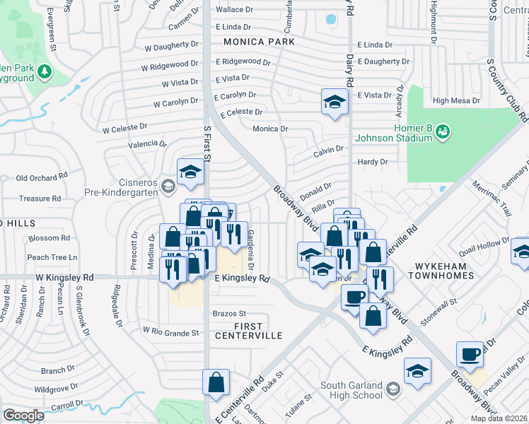 map of restaurants, bars, coffee shops, grocery stores, and more near 2902 Honeysuckle Drive in Garland