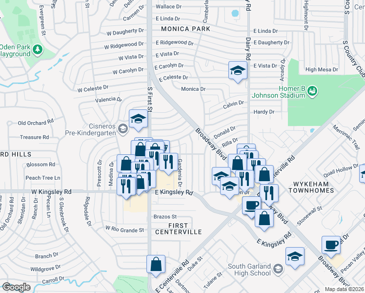 map of restaurants, bars, coffee shops, grocery stores, and more near 142 Tulip Drive in Garland