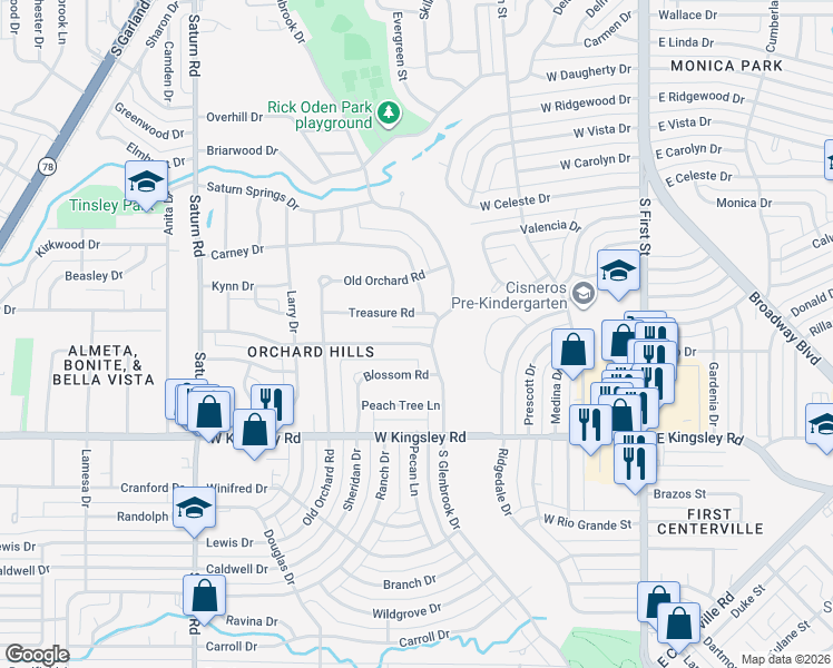map of restaurants, bars, coffee shops, grocery stores, and more near 2832 South Glenbrook Drive in Garland