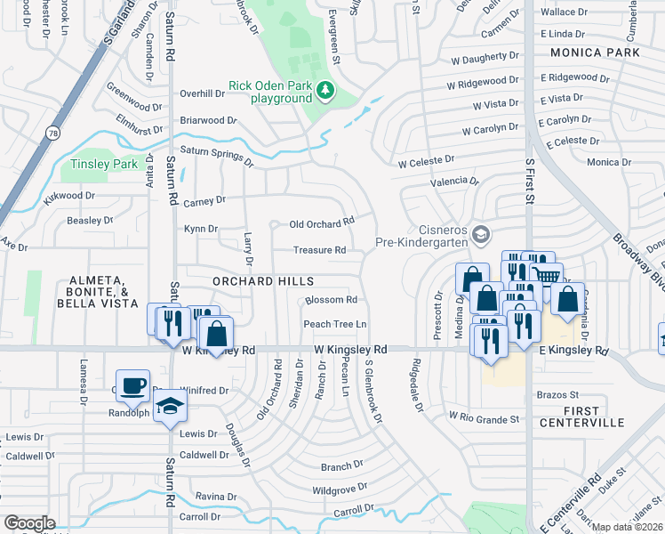 map of restaurants, bars, coffee shops, grocery stores, and more near 800 Parkmont Drive in Garland