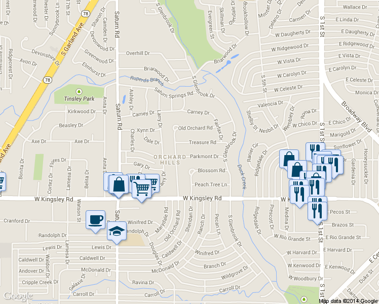 map of restaurants, bars, coffee shops, grocery stores, and more near 900 Parkmont Drive in Garland
