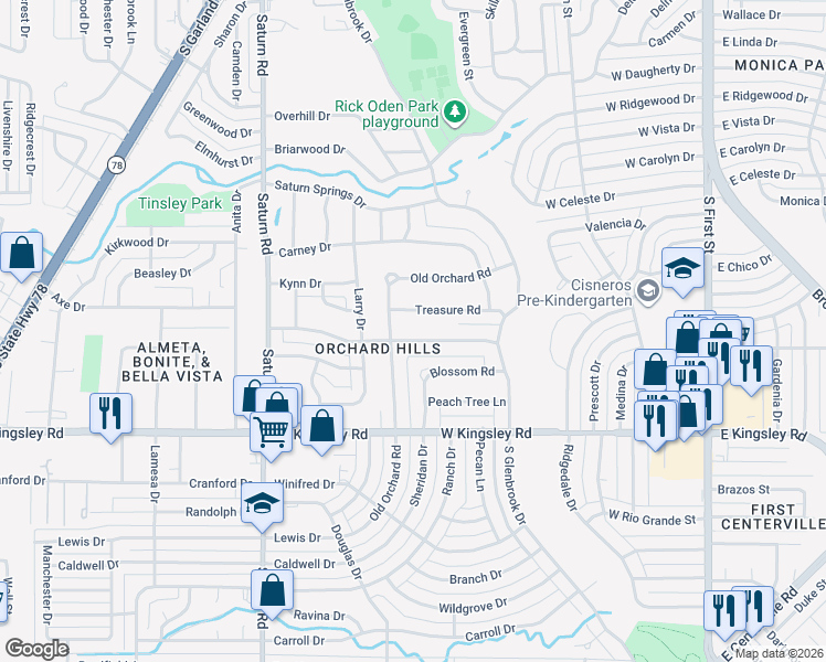 map of restaurants, bars, coffee shops, grocery stores, and more near 900 Parkmont Drive in Garland