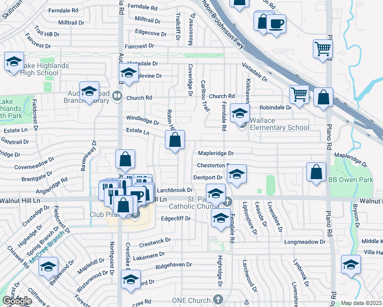 map of restaurants, bars, coffee shops, grocery stores, and more near 9825 Larchcrest Drive in Dallas