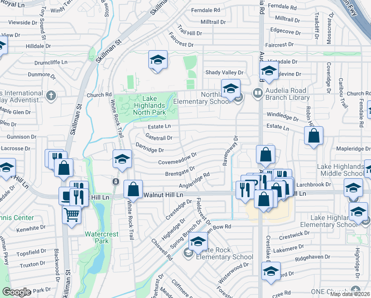 map of restaurants, bars, coffee shops, grocery stores, and more near 9545 Covemeadow Drive in Dallas