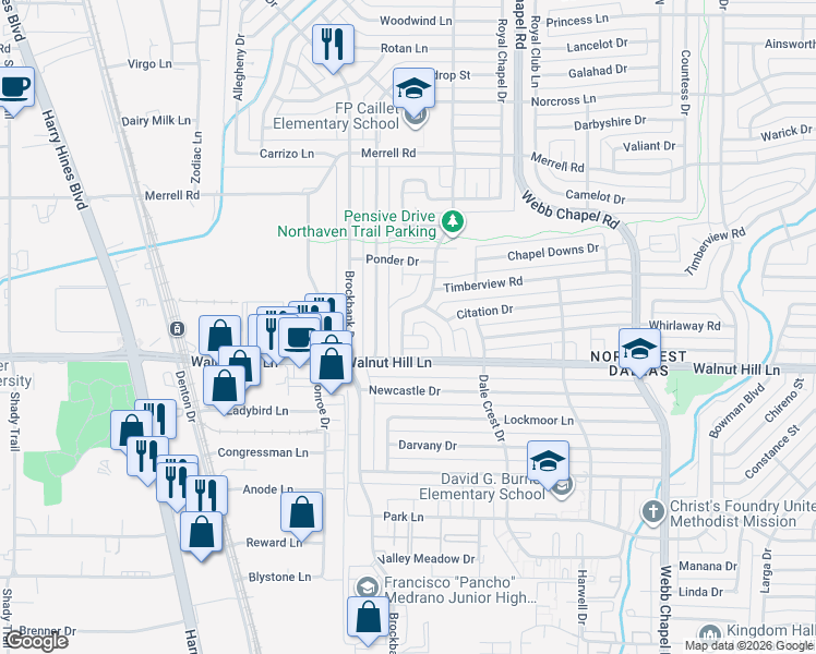 map of restaurants, bars, coffee shops, grocery stores, and more near 3010 Plaudit Place in Dallas