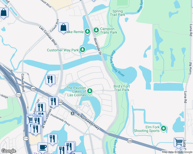 map of restaurants, bars, coffee shops, grocery stores, and more near 628 Scenic Drive in Irving