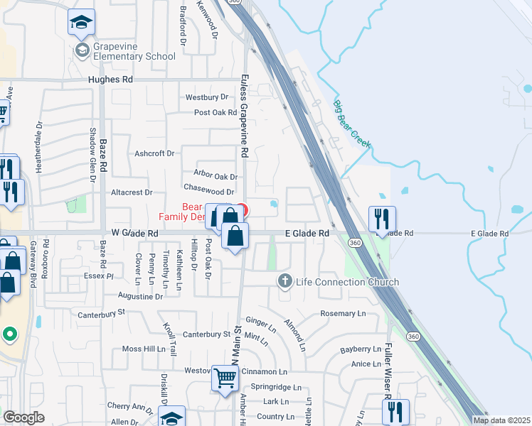 map of restaurants, bars, coffee shops, grocery stores, and more near 103 Crepe myrtle Drive in Euless