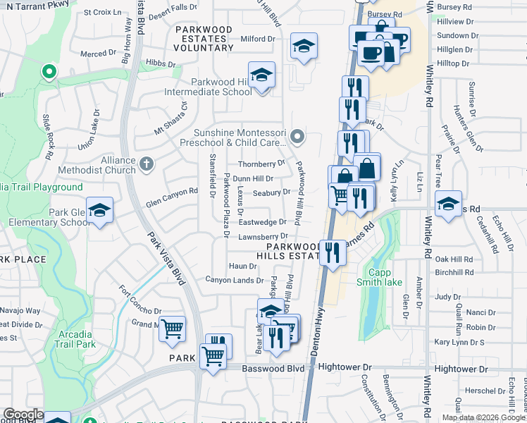 map of restaurants, bars, coffee shops, grocery stores, and more near 5552 Eastwedge Drive in Fort Worth