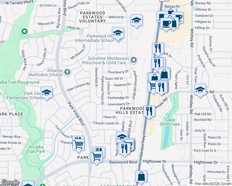 map of restaurants, bars, coffee shops, grocery stores, and more near 5524 Eastwedge Drive in Fort Worth