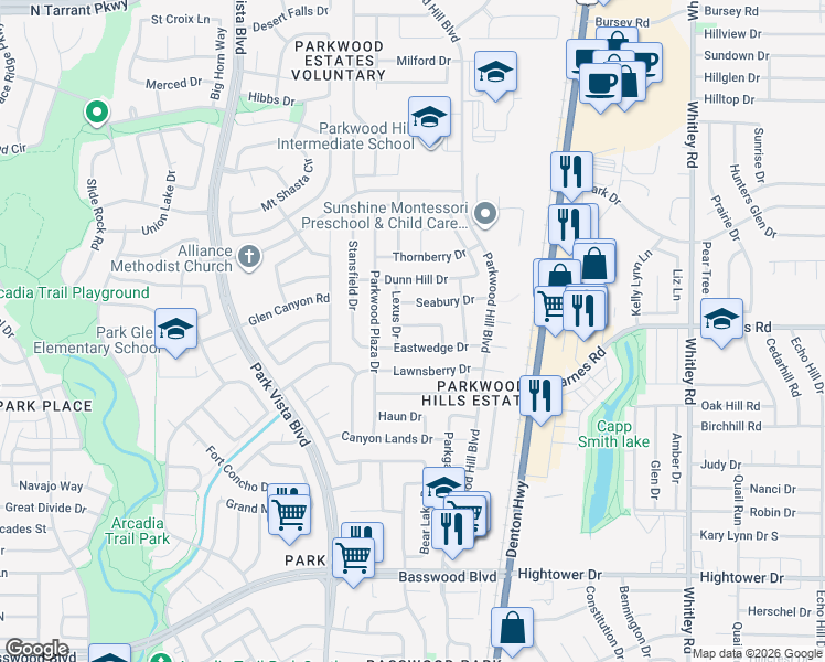 map of restaurants, bars, coffee shops, grocery stores, and more near 5524 Eastwedge Drive in Fort Worth