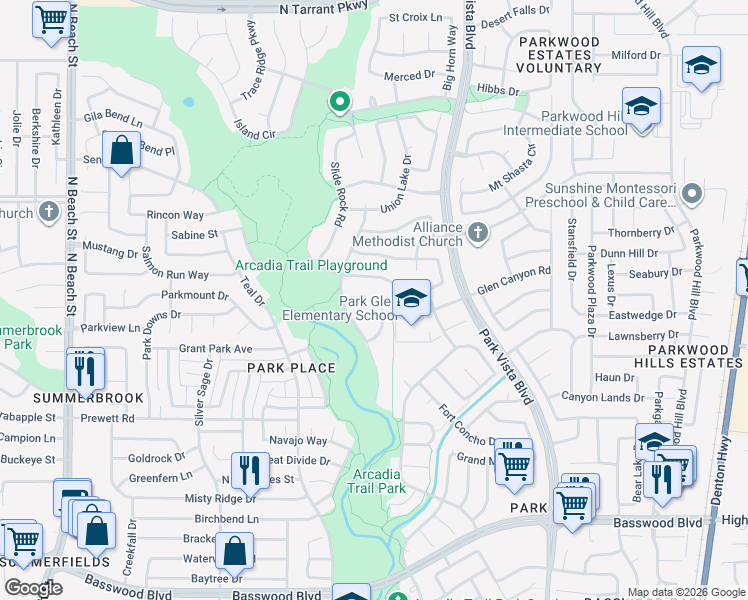 map of restaurants, bars, coffee shops, grocery stores, and more near 7913 Park Ridge Drive in Fort Worth