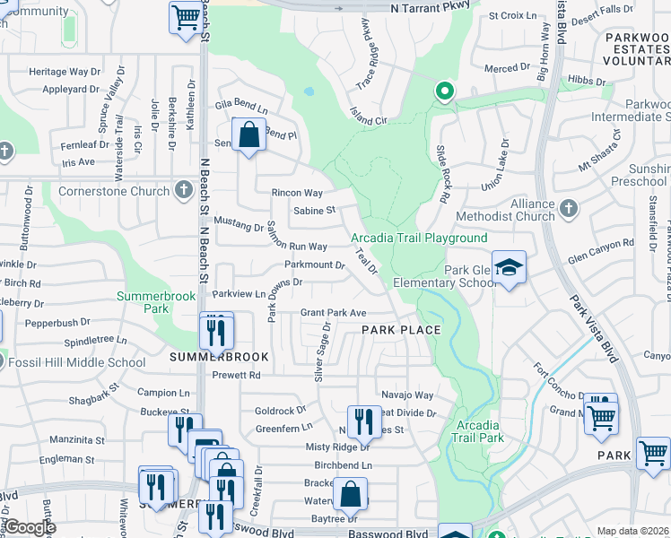 map of restaurants, bars, coffee shops, grocery stores, and more near 7866 Park Downs Court in Fort Worth