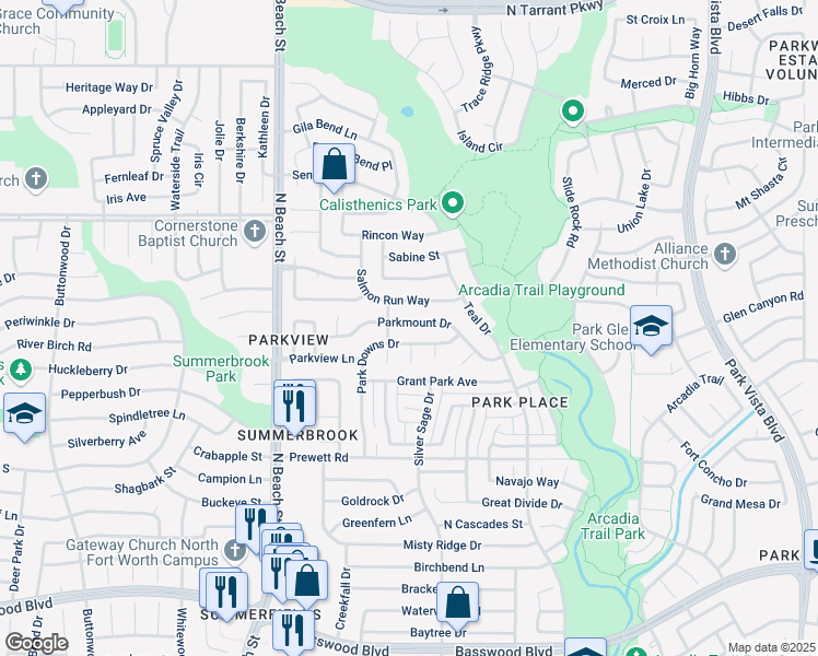 map of restaurants, bars, coffee shops, grocery stores, and more near 7866 Park Downs Court in Fort Worth