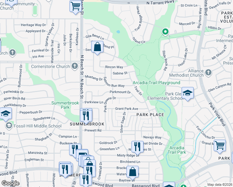 map of restaurants, bars, coffee shops, grocery stores, and more near 4624 Park Downs Drive in Fort Worth