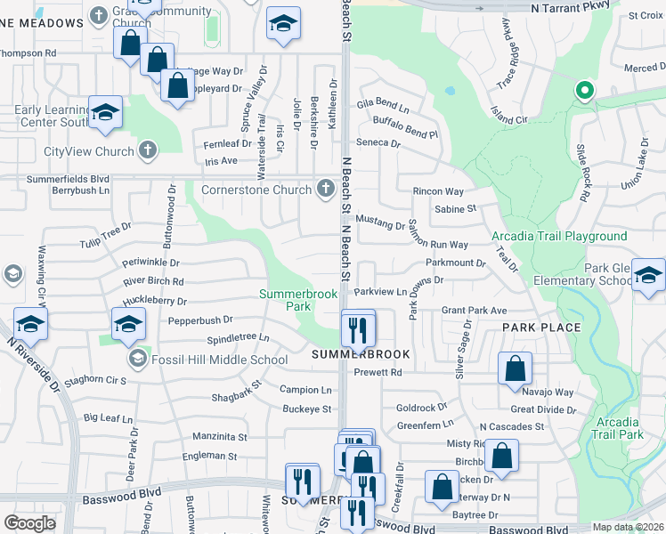 map of restaurants, bars, coffee shops, grocery stores, and more near 4420 Thrasher Court in Fort Worth
