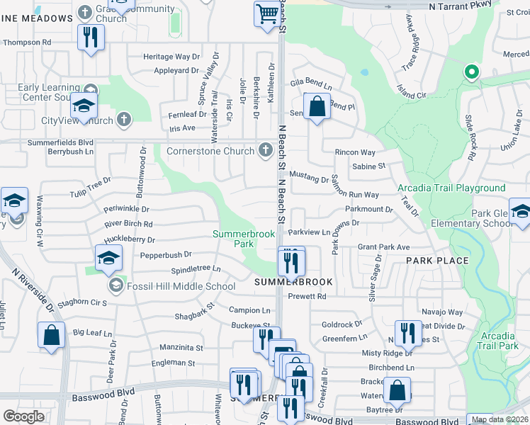 map of restaurants, bars, coffee shops, grocery stores, and more near 4420 Thrasher Court in Fort Worth