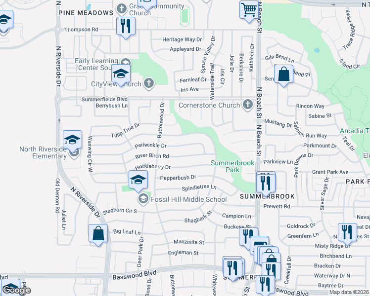 map of restaurants, bars, coffee shops, grocery stores, and more near 4144 River Birch Road in Fort Worth