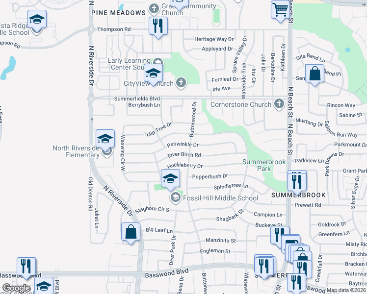 map of restaurants, bars, coffee shops, grocery stores, and more near 4024 River Birch Road in Fort Worth