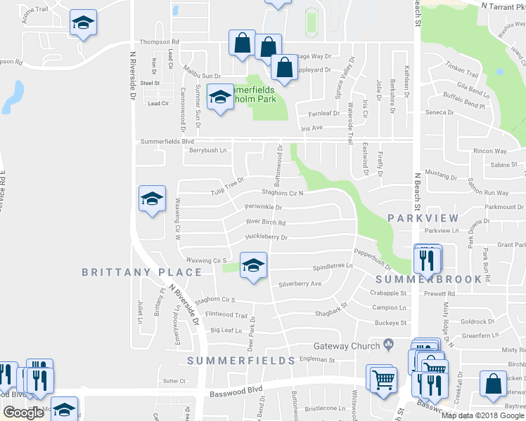 map of restaurants, bars, coffee shops, grocery stores, and more near 4024 River Birch Road in Fort Worth