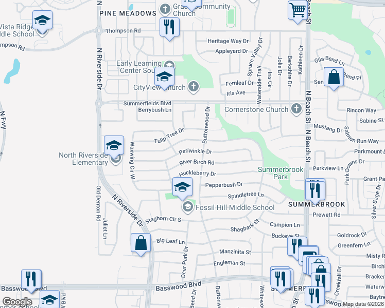 map of restaurants, bars, coffee shops, grocery stores, and more near 4024 River Birch Road in Fort Worth