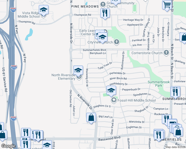 map of restaurants, bars, coffee shops, grocery stores, and more near 3712 Periwinkle Drive in Fort Worth