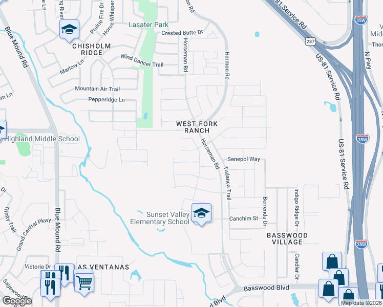map of restaurants, bars, coffee shops, grocery stores, and more near 2101 Chiangus Trail in Fort Worth