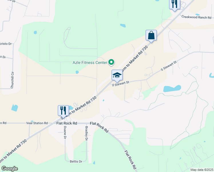 map of restaurants, bars, coffee shops, grocery stores, and more near 1801 South Stewart Street in Azle