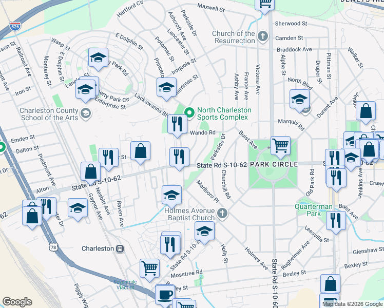 map of restaurants, bars, coffee shops, grocery stores, and more near 4801 Boulevard Lane in North Charleston