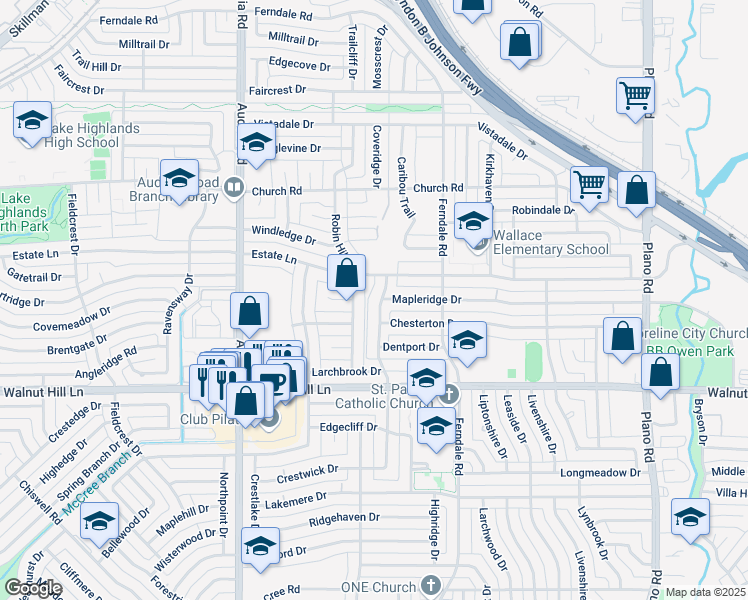 map of restaurants, bars, coffee shops, grocery stores, and more near 9825 Larchcrest Drive in Dallas