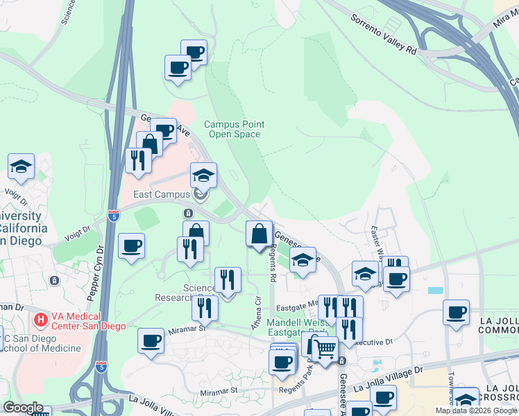 map of restaurants, bars, coffee shops, grocery stores, and more near 9813 Genesee Avenue in San Diego