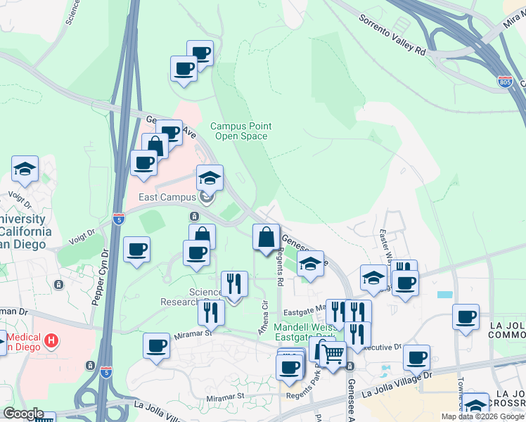 map of restaurants, bars, coffee shops, grocery stores, and more near 9853 Genesee Avenue in San Diego