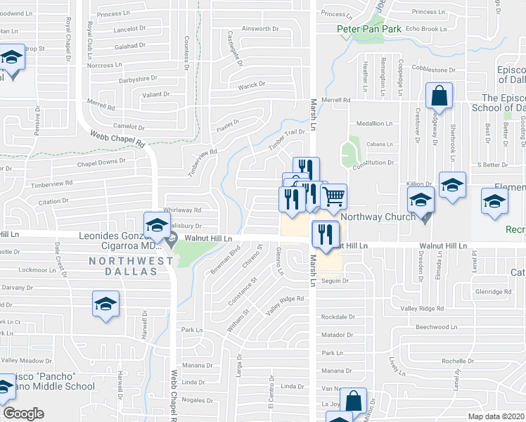 map of restaurants, bars, coffee shops, grocery stores, and more near 3617 Hopetown Drive in Dallas