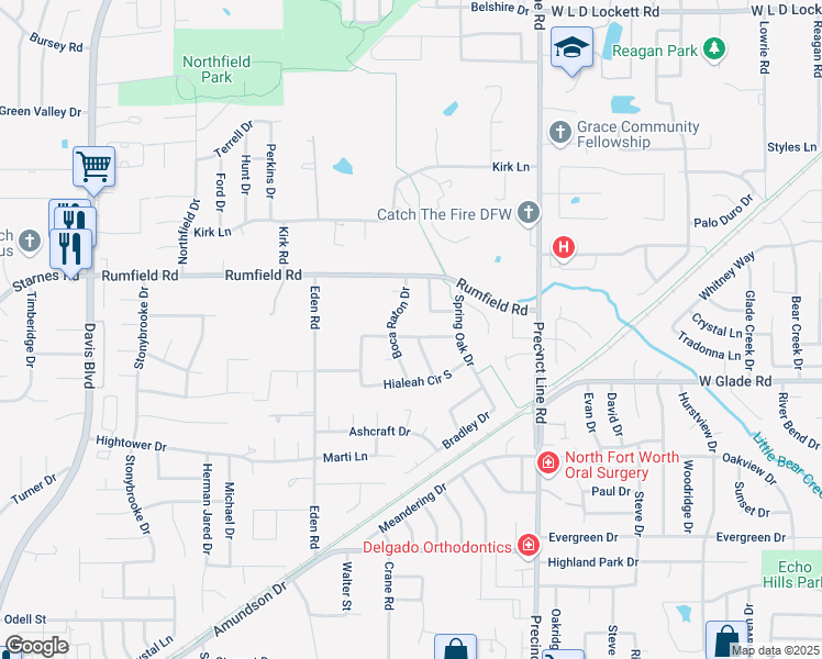 map of restaurants, bars, coffee shops, grocery stores, and more near 7317 Fallen Oak Drive in North Richland Hills