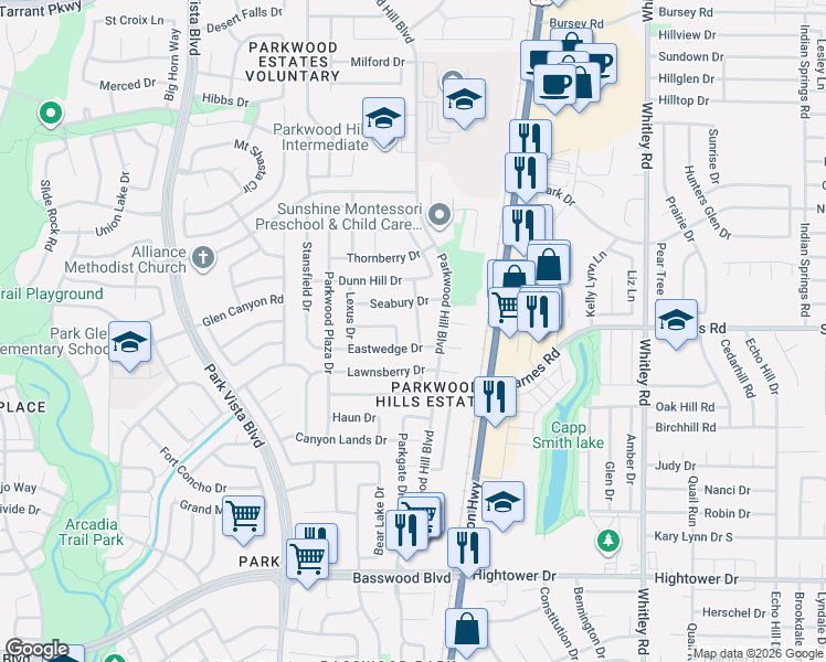 map of restaurants, bars, coffee shops, grocery stores, and more near 5552 Eastwedge Drive in Fort Worth