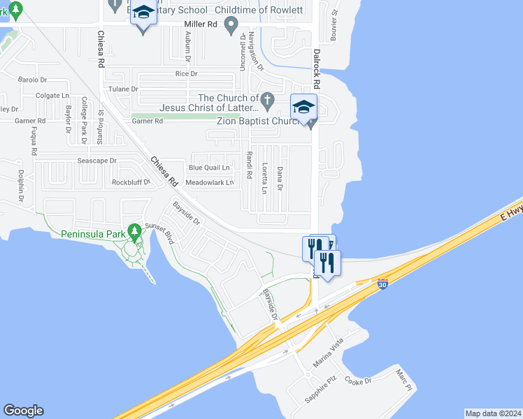 map of restaurants, bars, coffee shops, grocery stores, and more near 2101 Loretta Lane in Rowlett