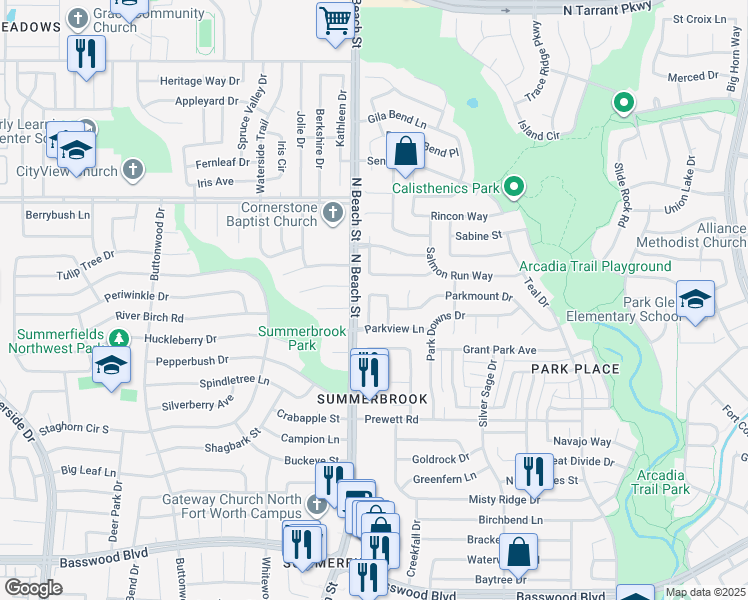 map of restaurants, bars, coffee shops, grocery stores, and more near 7824 Orland Park Circle in Fort Worth