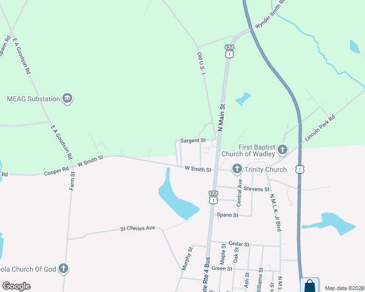 map of restaurants, bars, coffee shops, grocery stores, and more near 50 West Smith Street in Wadley