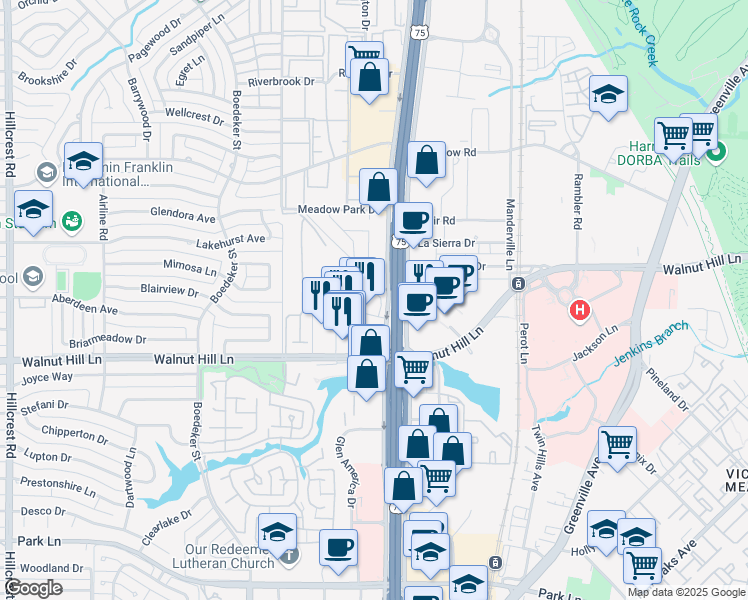 map of restaurants, bars, coffee shops, grocery stores, and more near 7865 Firefall Way in Dallas