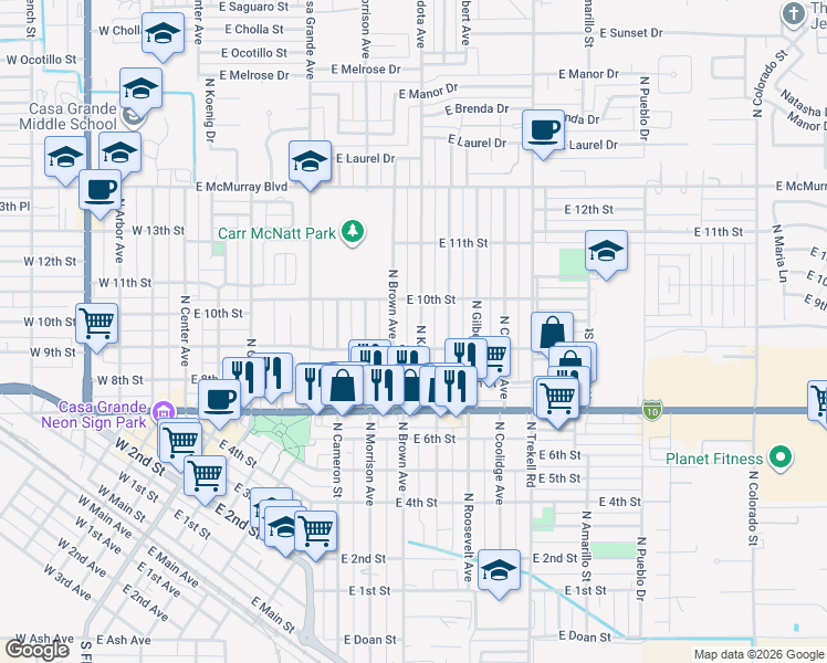 map of restaurants, bars, coffee shops, grocery stores, and more near 801 East 9th Street in Casa Grande