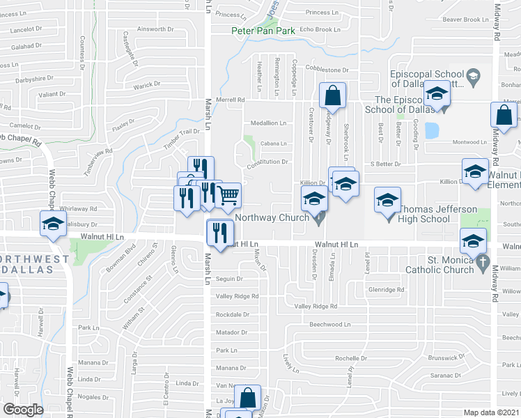 map of restaurants, bars, coffee shops, grocery stores, and more near 26 Wimberley Court in Dallas
