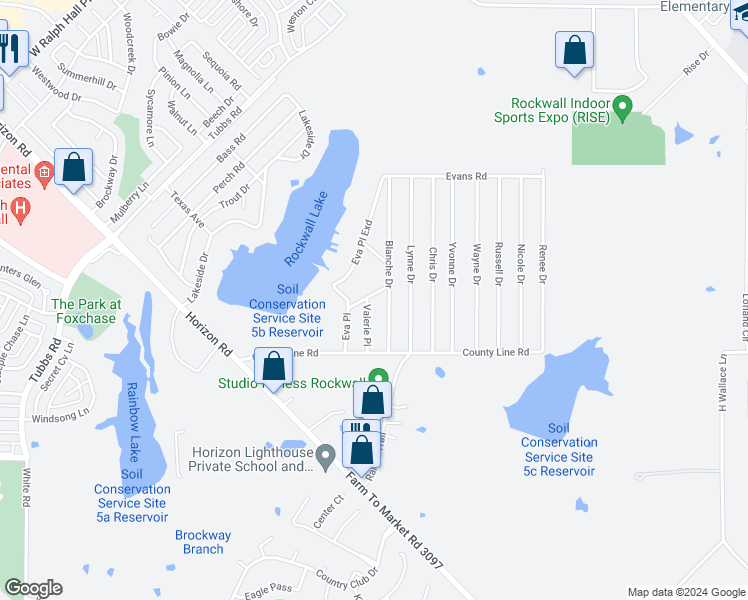 map of restaurants, bars, coffee shops, grocery stores, and more near 229 Valerie Place in Rockwall