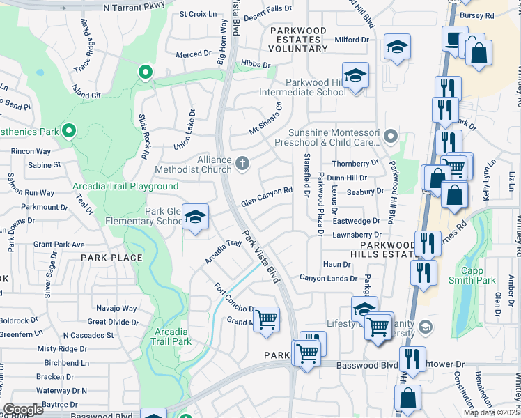 map of restaurants, bars, coffee shops, grocery stores, and more near 5421 Catlow Valley Road in Fort Worth