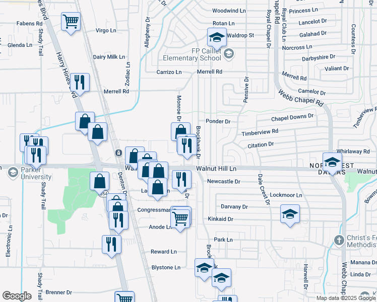map of restaurants, bars, coffee shops, grocery stores, and more near 10015 Brockbank Drive in Dallas