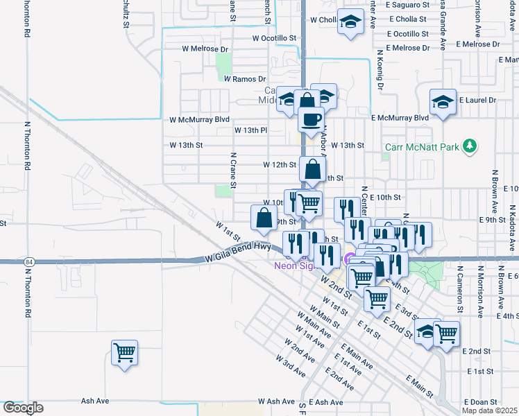 map of restaurants, bars, coffee shops, grocery stores, and more near 512 West 9th Street in Casa Grande