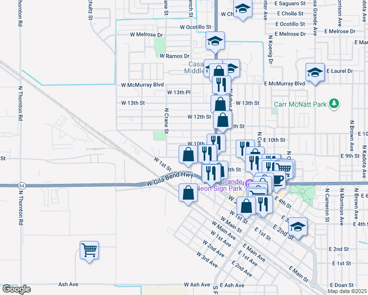 map of restaurants, bars, coffee shops, grocery stores, and more near 512 West 9th Street in Casa Grande