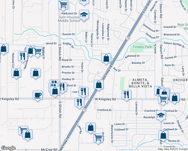 map of restaurants, bars, coffee shops, grocery stores, and more near 2813 Wimbledon Court in Garland