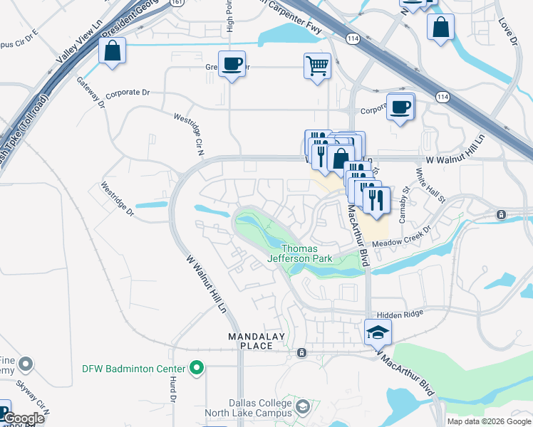 map of restaurants, bars, coffee shops, grocery stores, and more near 1201 Hidden Ridge in Irving